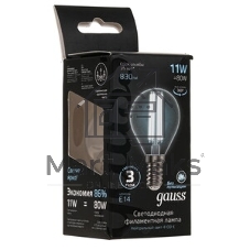 Лампа светодиодная филаментная Gauss Filament 11Вт цок.: E14 шар 220B 4100K св. свеч. белый нейт. (упак.: 10 шт)