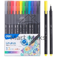 Набор ручек капиллярных Deli Linkus (EQ900-12), d=0.45мм, ассорти чернила, игловидный пишущий наконечник, линия 0.45мм, 12 цветов