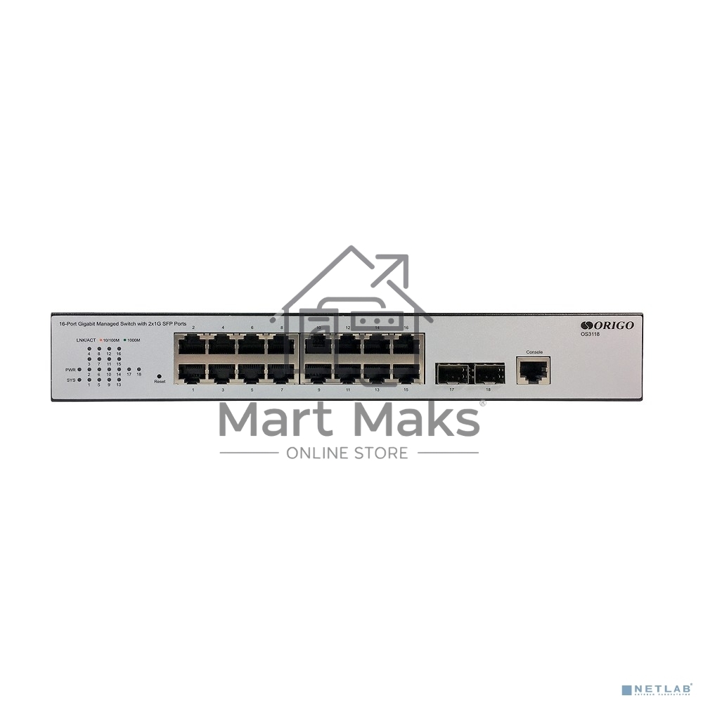 Коммутатор Управляемый L2 16x1000Base-T, 2x1000Base-X SFP, консольный порт RJ-45, комплект для установки в 19
