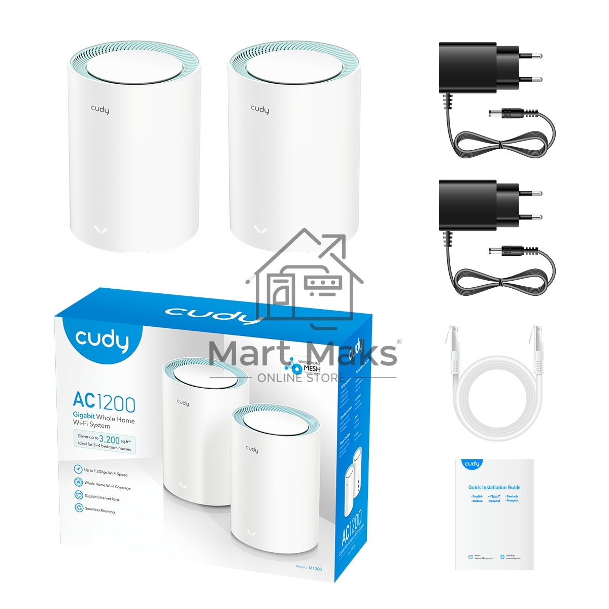 Бесшовный Mesh роутер Cudy M1300 (M1300 2-PACK) AC1200 10/100/1000BASE-TX/Wi-Fi белый (упак.:2шт)