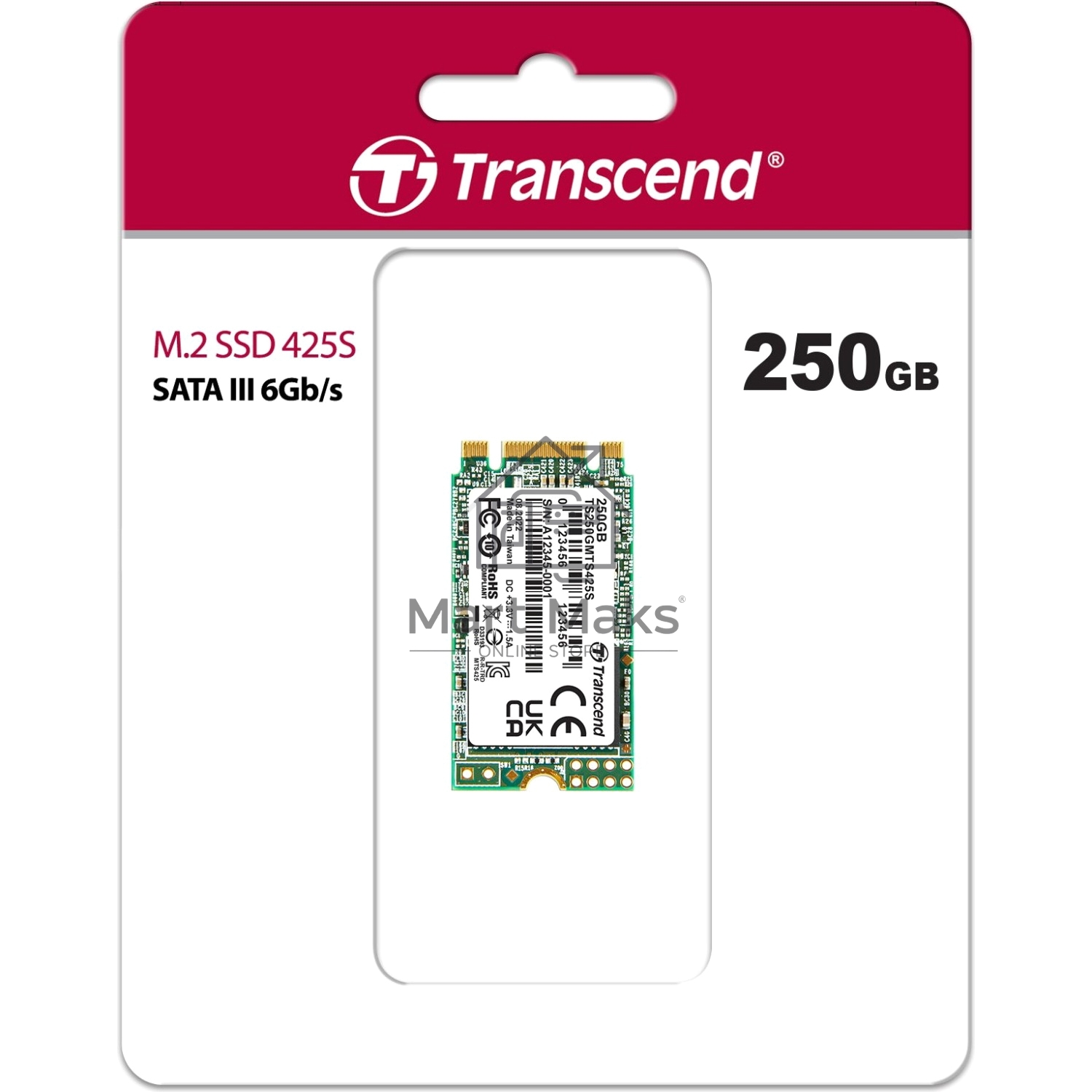 Накопитель SSD M.2 Transcend 250Gb MTS425 TS250GMTS425S (SATA3, up to 500/330MBs, 3D NAND, 90TBW, 22x42мм)