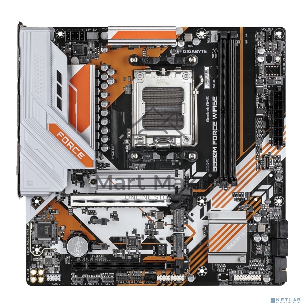 Материнская плата Gigabyte B850M FORCE WF6E, AM5, AMD B850, 2xDDR5, 4xSATA, 3xM.2, 1xPCIe 5.0 x16, 1xPCIe 4.0 x4, 1xDP, 1xHDMI, 1x2.5Gb LAN, Wi-Fi 6E, Bluetooth 5.3, 1xUSB-C 5Gbps, 1xUSB-A 10Gbps, 2xUSB-A 5Gbps, 2xUSB-A 2.0, 3x3.5 мм, 7.1, mATX