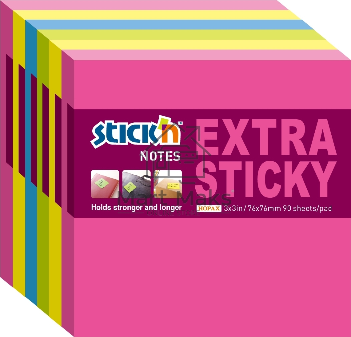 Блок самоклеящийся бумажный Stick`n Extra Sticky 21679 76x76мм 90лист. 70г/м2 неон ассорти (упак.:6шт)
