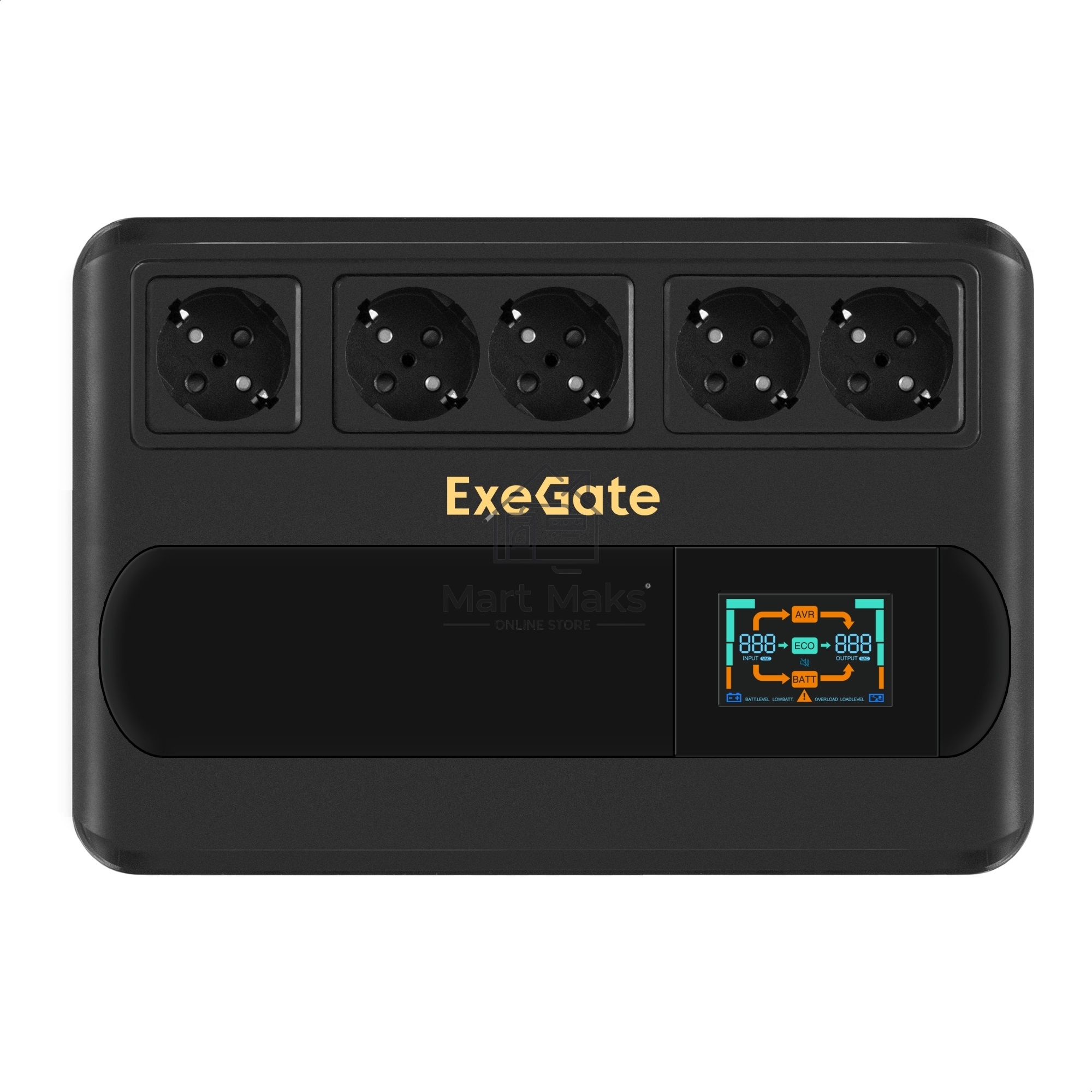 Источник бесперебойного питания ExeGate NEO Smart BU-1000.LCD.AVR.5SH <1000VA/500W, цветной LCD-дисплей, AVR, 5*Schuko, Black>