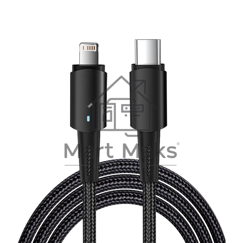 Кабель Rexant Type-C – Lightning для Apple, 3А, 1м, в черной нейлоновой оплетке, со световой индикацией