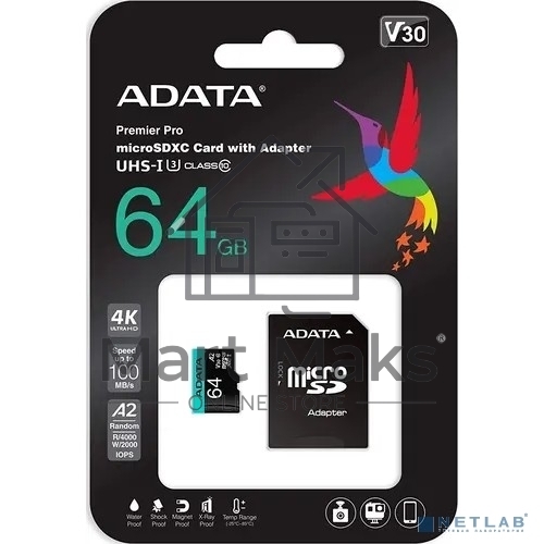 Карта памяти MICROSDXC UHS-I U3 V30S A2 100/75 MB/s 64GB RETAIL W/1 ADAPTER