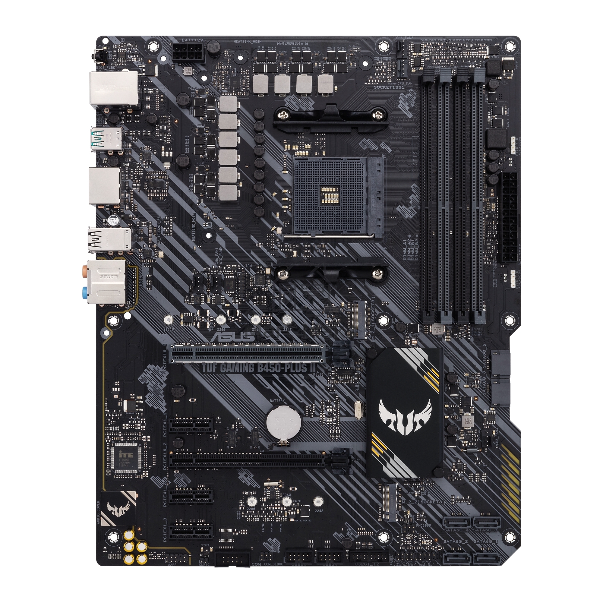 Материнская плата ASUS TUF GAMING B450-PLUS II, AM4, AMD B450, 4xDDR4, 6xSATA, 2xM.2, 1xPCI-E 3.0 x16, 1xPCI-E 2.0 x16, 3xPCI-E x1, 1xHDMI, 1xDP, 1x 1Gb LAN, 4xUSB 3.2 Gen 1, 1xUSB 3.2 Gen 2, 1xUSB-C 3.2 Gen 2, 5x3.5 мм, 7.1, ATX