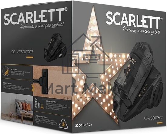 Пылесос Scarlett SC-VC80C307 черный, 450/2200 Вт, уборка сухая, пылесборник контейнер 3 л