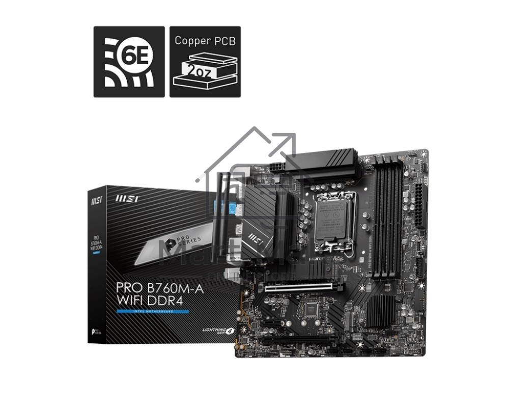 Материнская плата MSI PRO B760M-A WIFI DDR4, LGA 1700, Intel B760, 4xDDR4, 4xSATA, 2xM.2, 1xPCI-E 4.0 x16, 1xPCI-E 4.0 x4, 1xPCI-E x1, 2xHDMI, 2xDP, 1x 2.5Gb LAN, 2xUSB-A 2.0, 2xUSB-A 3.2 Gen 1, 2xUSB-A 3.2 Gen 2, 3x3.5 мм, 7.1, Micro-ATX