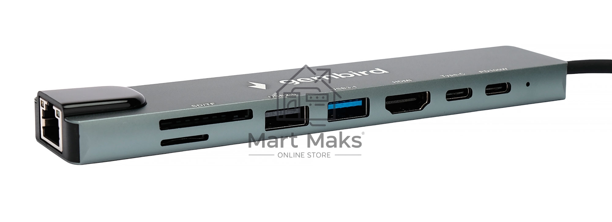 Док-станция Type-C Gembird UHB-D3, 8в1: USB2.0, USB3.1, Type-C PD87W, Type-C, HDMI, SD/TF, RJ45, кабель 20см, алюминий
