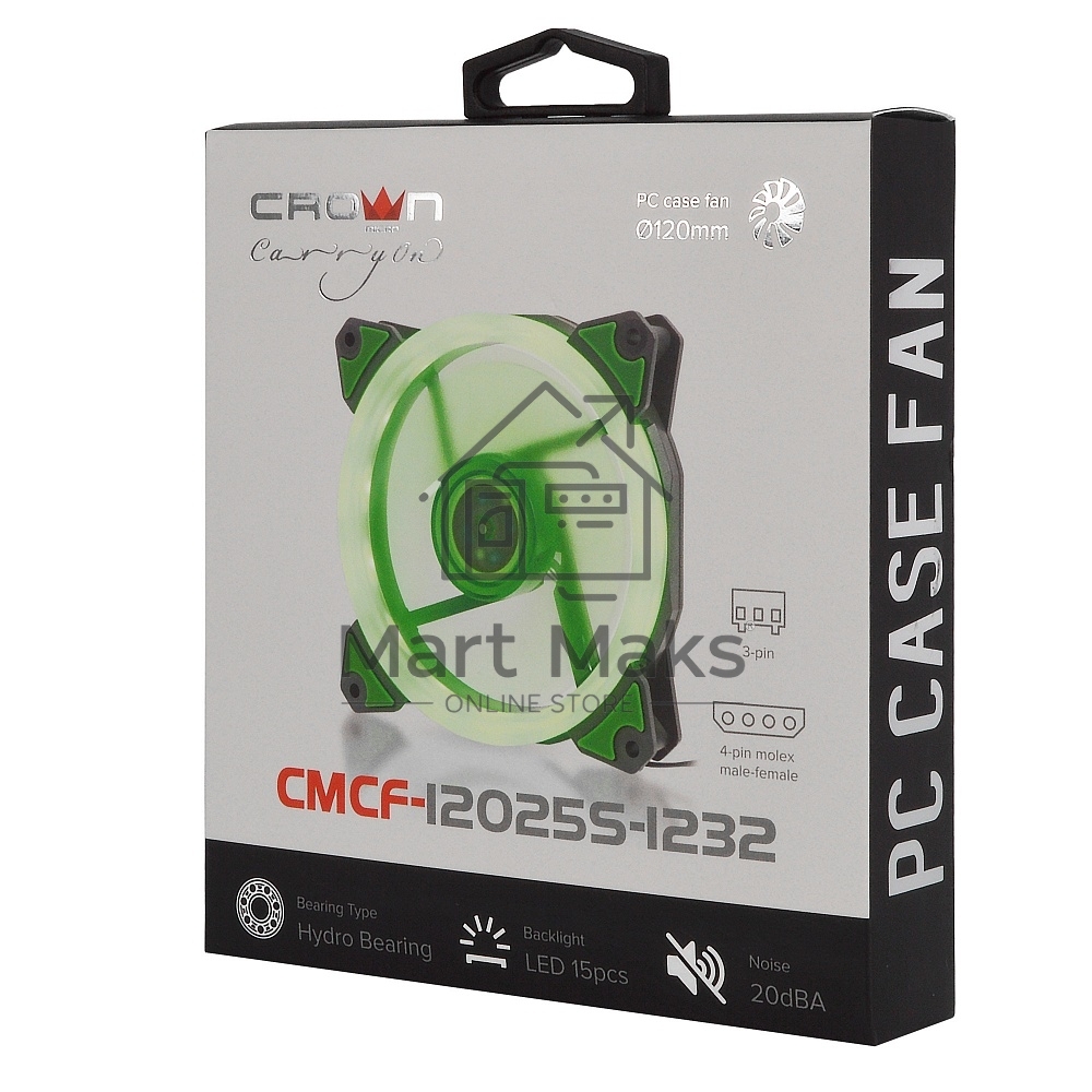 Вентилятор для корпуса Crown CMCF-12025S-1232 черный/зеленый, 120 мм, 1650 об/мин, 23 дБ, 3 pin