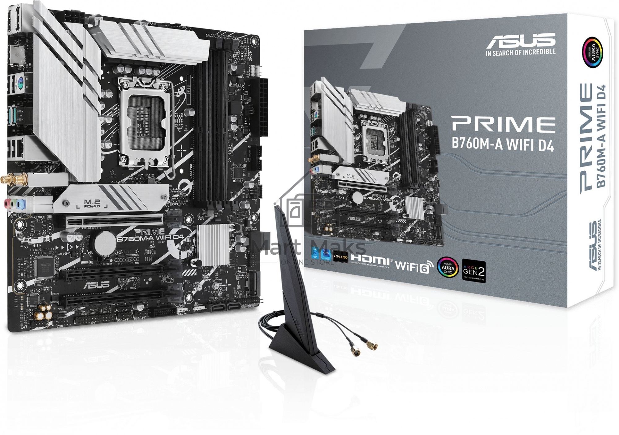Материнская плата ASUS PRIME B760M-A WIFI D4, LGA 1700, Intel B760, 4xDDR4, 4xSATA, 2xM.2, 1xPCIe 4.0 x16, 1xPCIe 4.0 x4, 1xPCIe 4.0 x1, 2xHDMI, 1xDP, 1x 2.5Gb LAN, 2xUSB-A 3.2 Gen 2, 4xUSB-A 2.0, 3x3.5 мм, 7.1, mATX