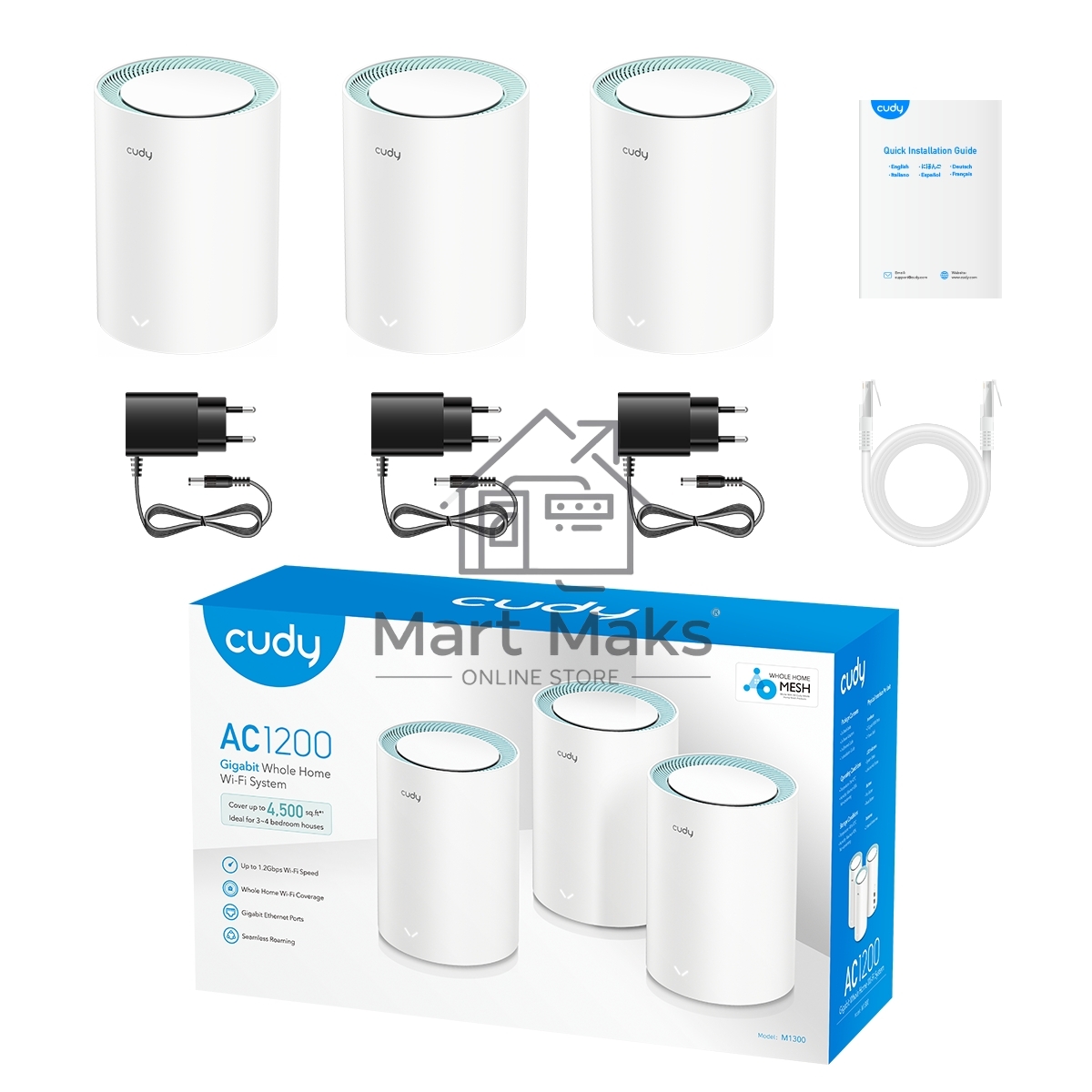 Бесшовный Mesh роутер Cudy M1300 (M1300 3-PACK) AC1200 10/100/1000BASE-TX/Wi-Fi белый (упак.:3шт)