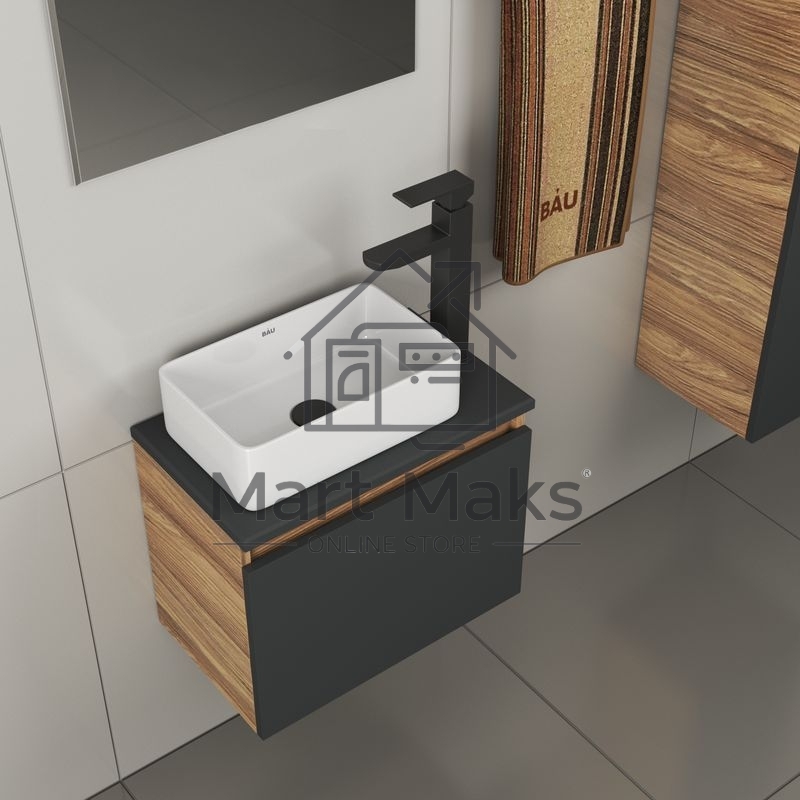 Комплект для ванной, 4 предмета (тумба Bau 50, графит + раковина BAU Hotel mini 37х23 + смеситель Hotel Black, выпуск клик-клак, черный)