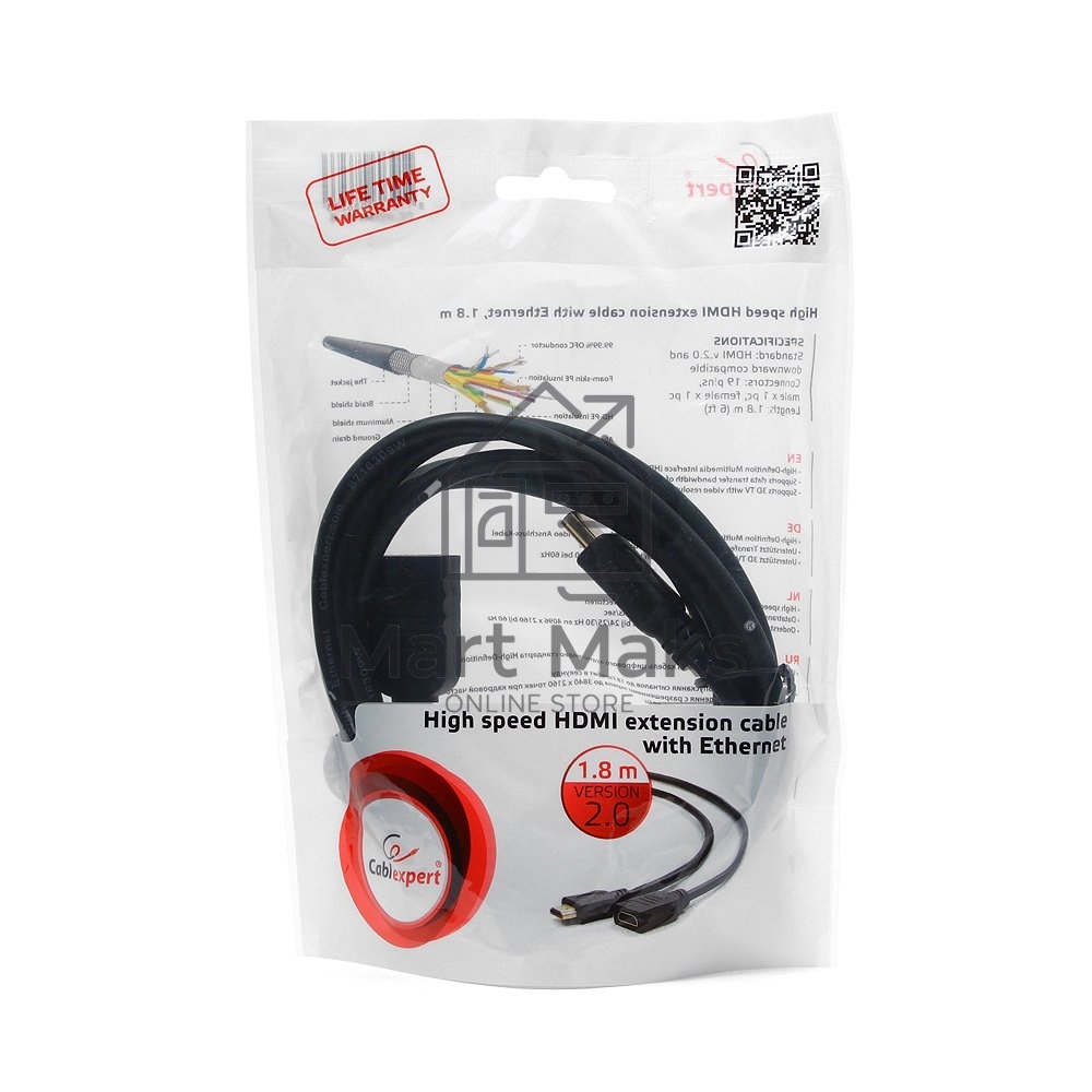 Кабель-удлинитель HDMI Cablexpert CC-HDMI4X-6, 19M/19F, v2.0, позол.разъемы, экран, 1.8м, черный, пакет