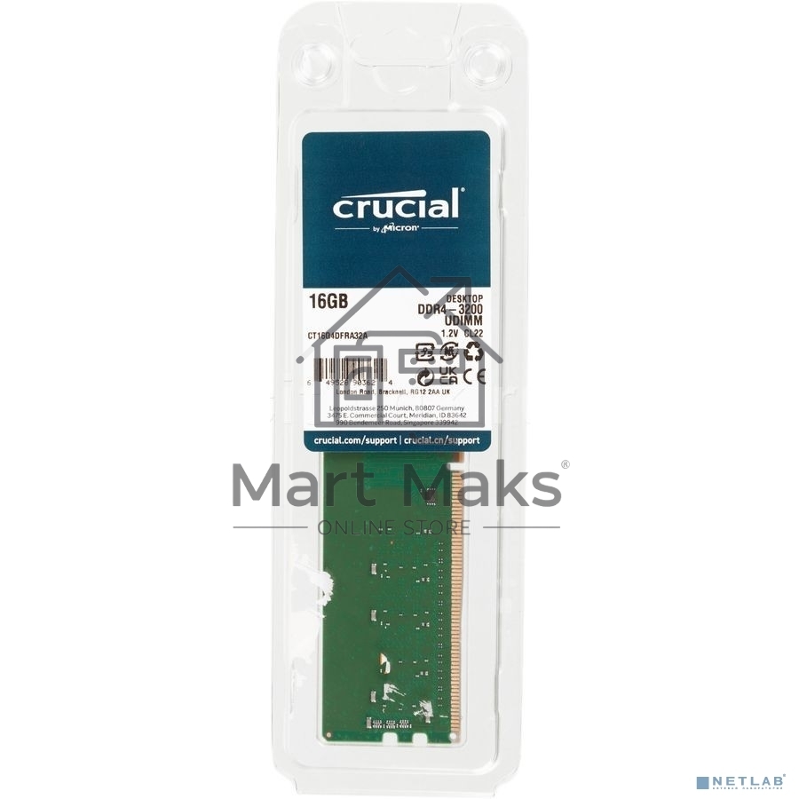 Оперативная память Crucial, DDR4, 16GB (1x16 GB), 3200 MHz, CL22, DIMM