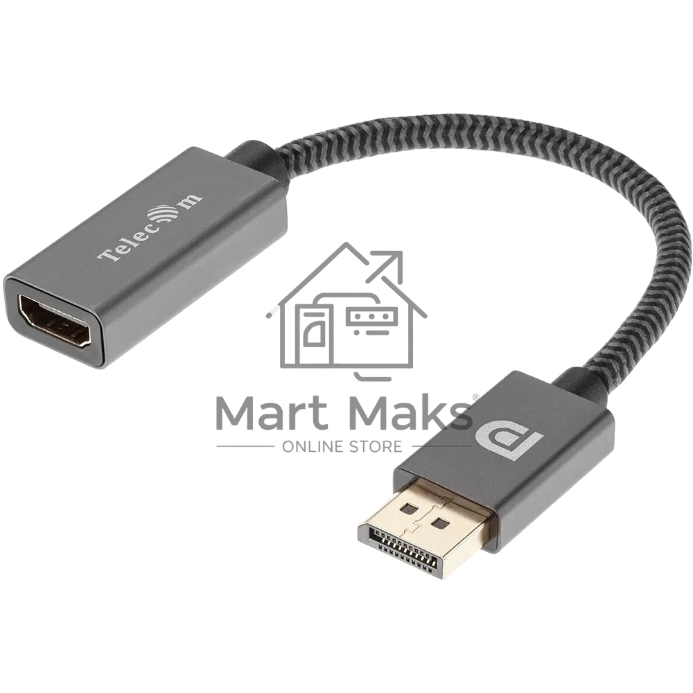 Кабель-переходник DP --> HDMI-F 0.2m, серый металлик, оплетка, 4K@60Hz, Telecom (TA560)