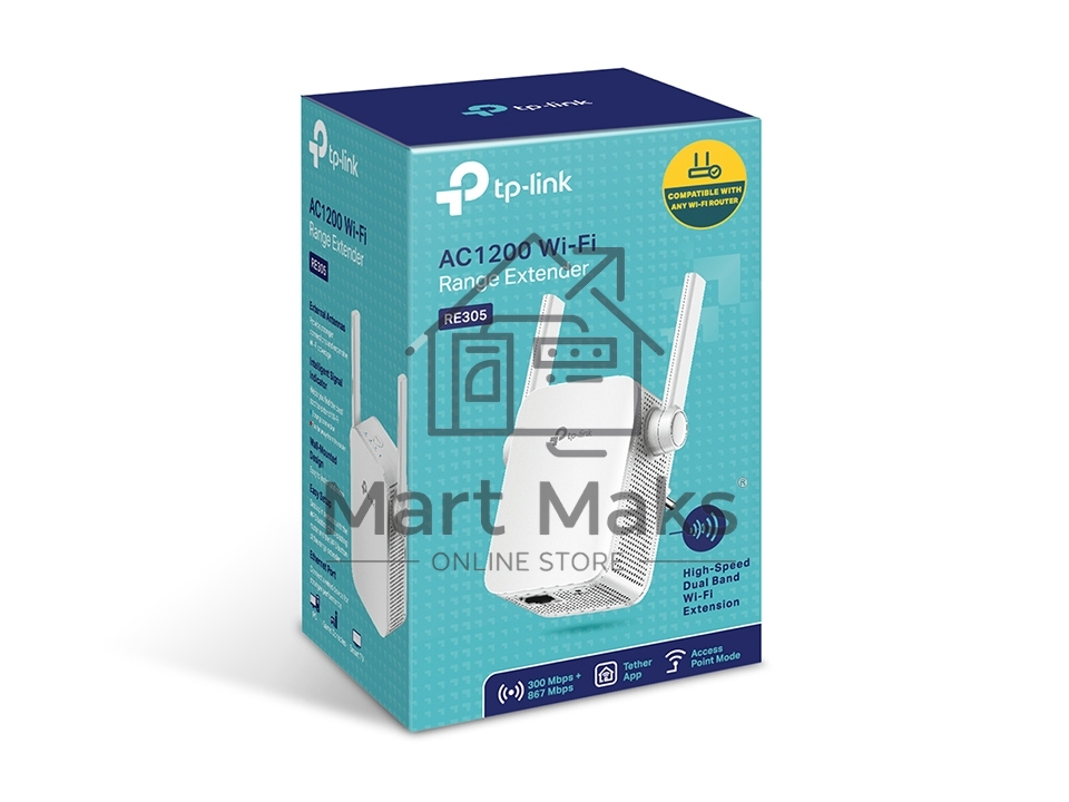 Двухдиапазонный усилитель беспроводного сигнала TP-Link (ретранслятор), 867 Мбит/с на 5 ГГц + 300 Мбит/с на 2,4 ГГц (SOHO RE305) поставляется без кабеля RJ-45