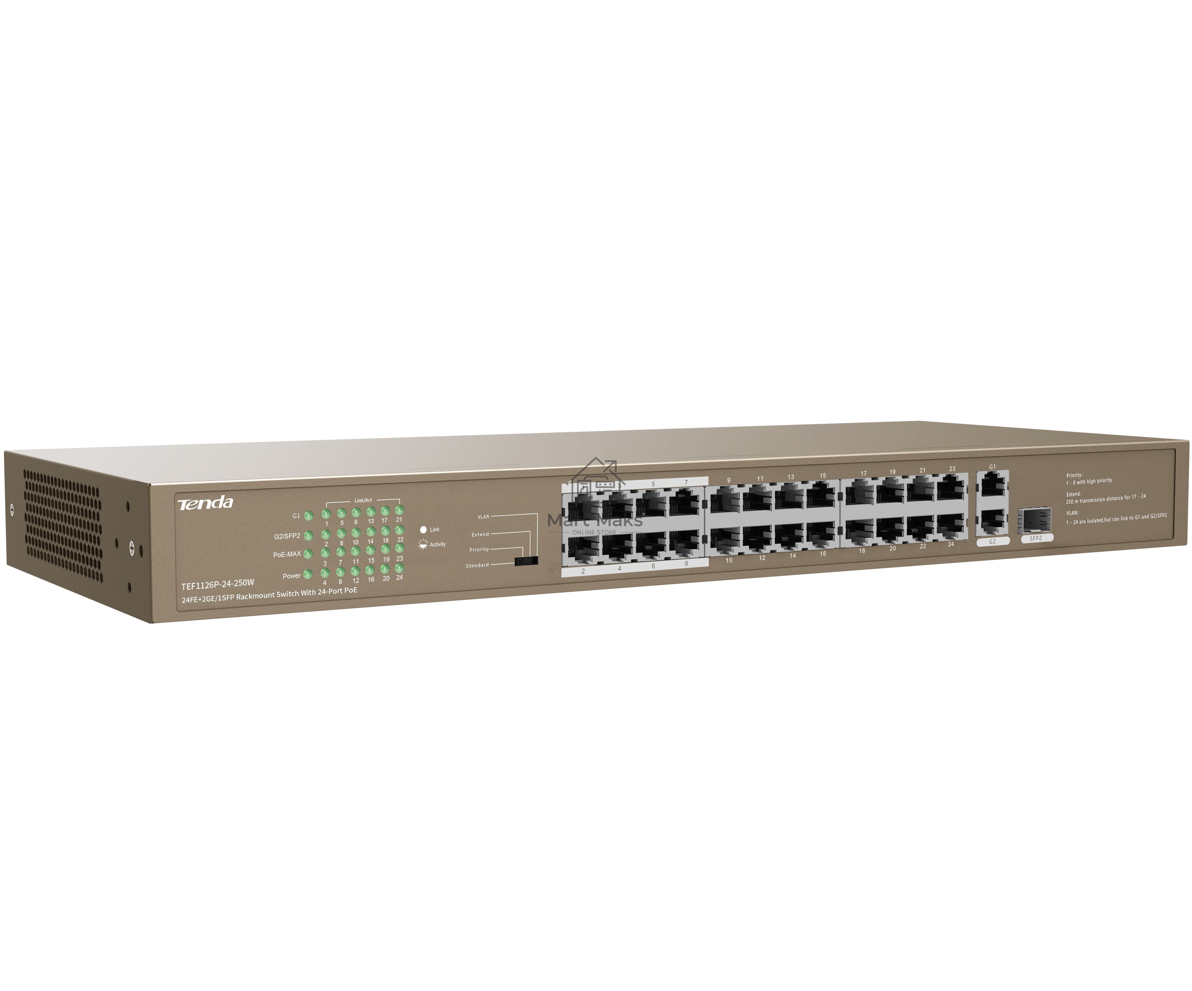 Коммутатор Tenda TEF1126P-24-250W 26-Портовыйбез управления FE c 24 портами PoE
