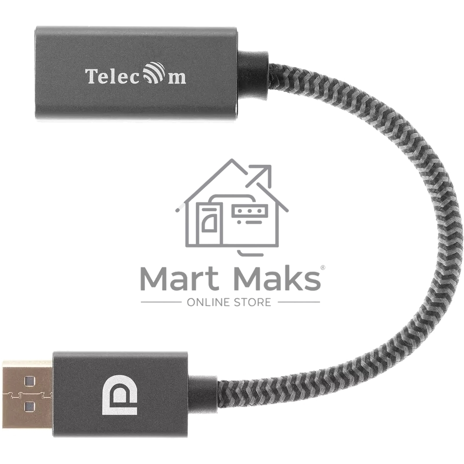 Кабель-переходник DP --> HDMI-F 0.2m, серый металлик, оплетка, 4K@60Hz, Telecom (TA560)