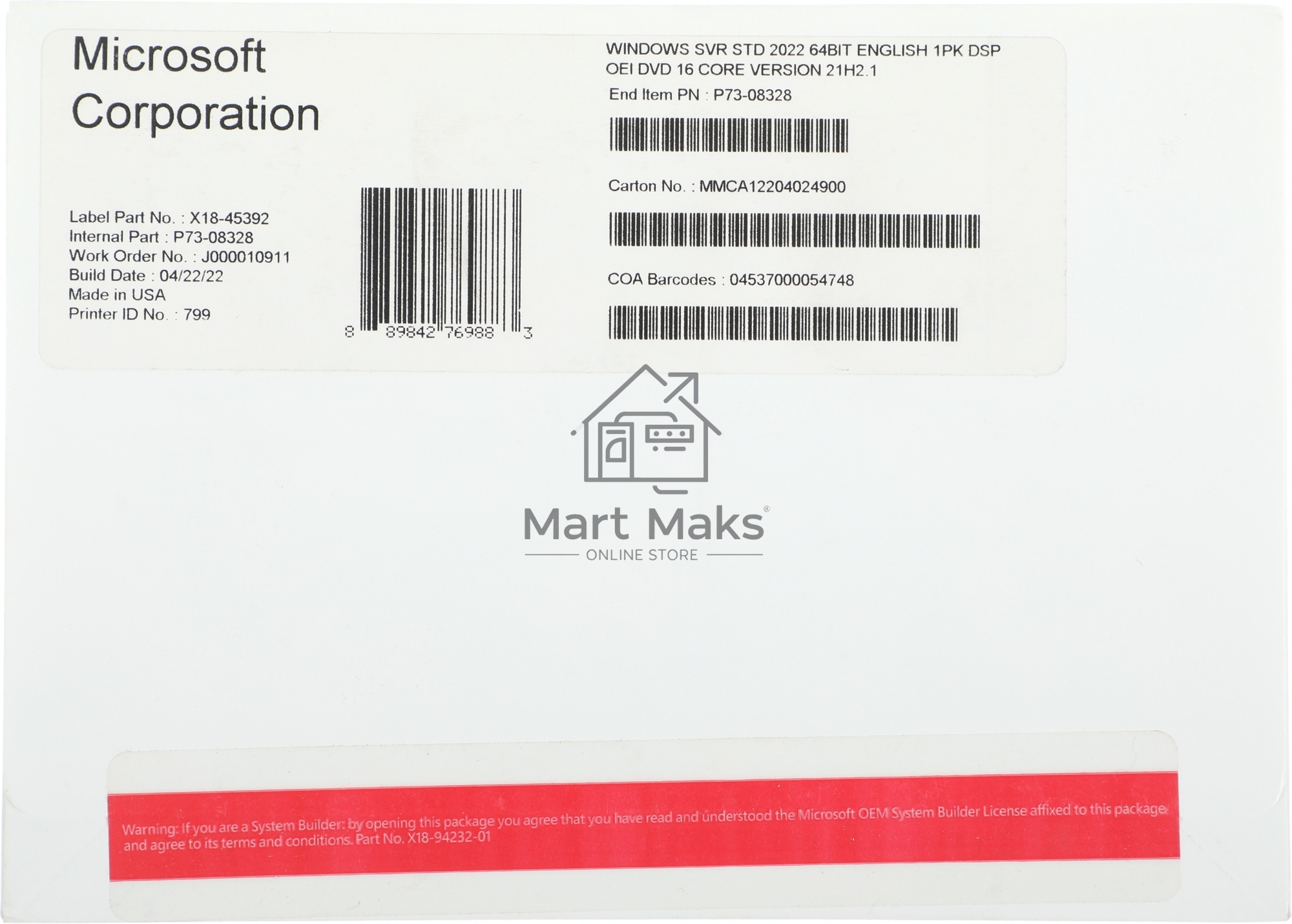 ПО Windows Svr Std 2022 64Bit English 1pk DSP OEI DVD 16 Core
