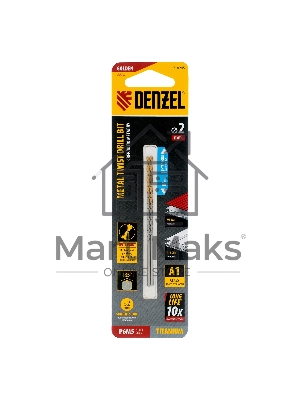 Сверло спиральное по металлу Denzel 2 х 86 мм Р6М5, Golden Tip, удлиненное, 2 шт.