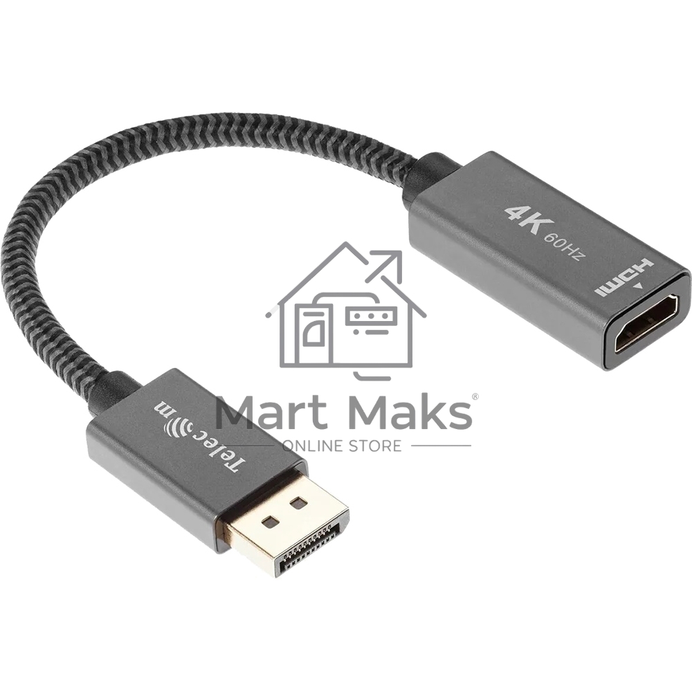 Кабель-переходник DP --> HDMI-F 0.2m, серый металлик, оплетка, 4K@60Hz, Telecom (TA560)