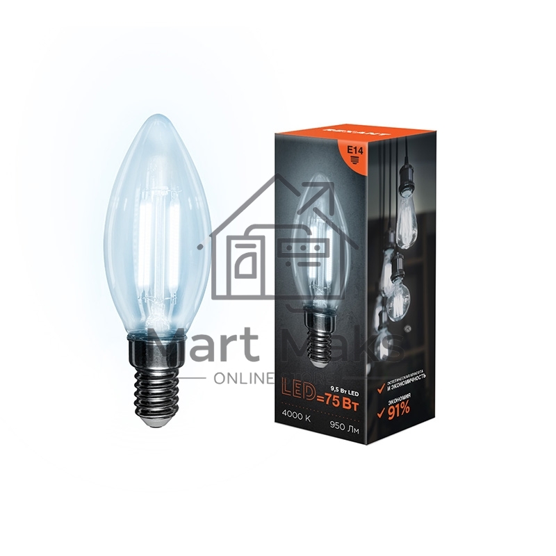 Лампа светодиодная филаментная Rexant Свеча CN35 9.5 Вт 950 Лм 4000K E14 прозрачная колба