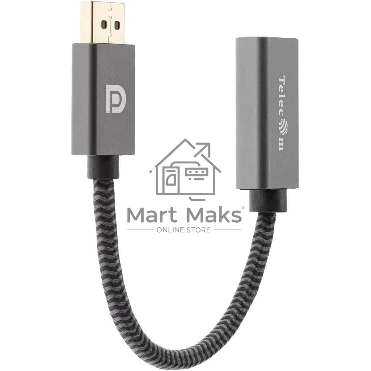 Кабель-переходник DP --> HDMI-F 0.2m, серый металлик, оплетка, 4K@60Hz, Telecom (TA560)