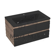 Тумба под раковину Bau Stil Loft black brushed, раковина кварцевая BAU Stil 75, черный металлик, смеситель Hotel Black, черный