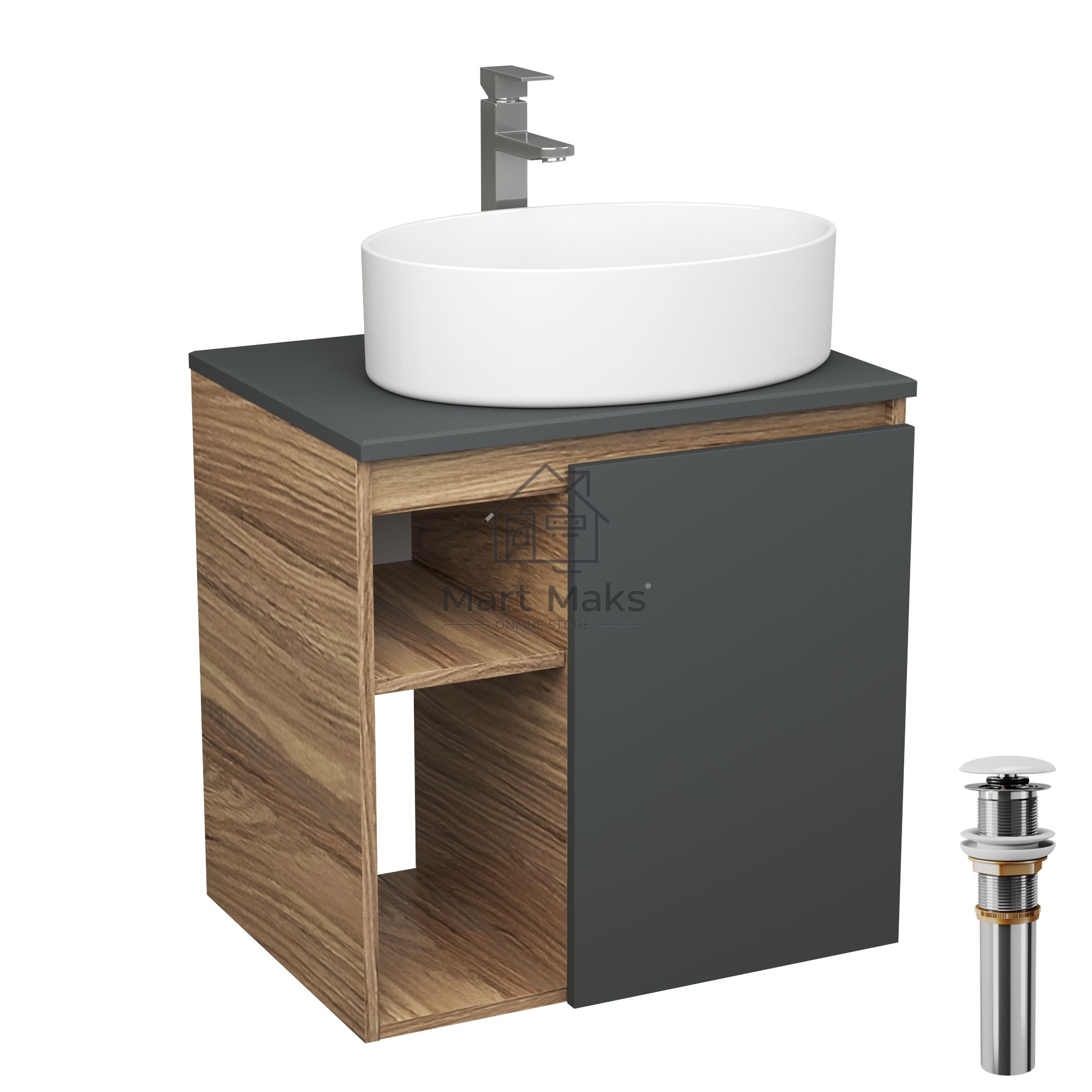 Тумба Bau Dream Blackwood 60 правая, графит, раковина BAU Nimb 50х36, смеситель для раковины высокий Hotel Still, нержавеющая сталь, выпуск клик клак, белый