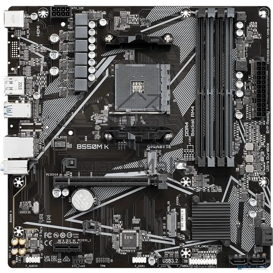 Материнская плата Gigabyte B550M K, AM4, AMD B550, 4xDDR4, 4xSATA, 2xM.2, 1xPCIe 4.0 x16, 1xPCIe x1, 1xHDMI, 1xDP, 1x 1Gb LAN, 4xUSB-A 3.2 Gen 1, 4xUSB-A 2.0, 3x3.5 мм, 7.1, mATX