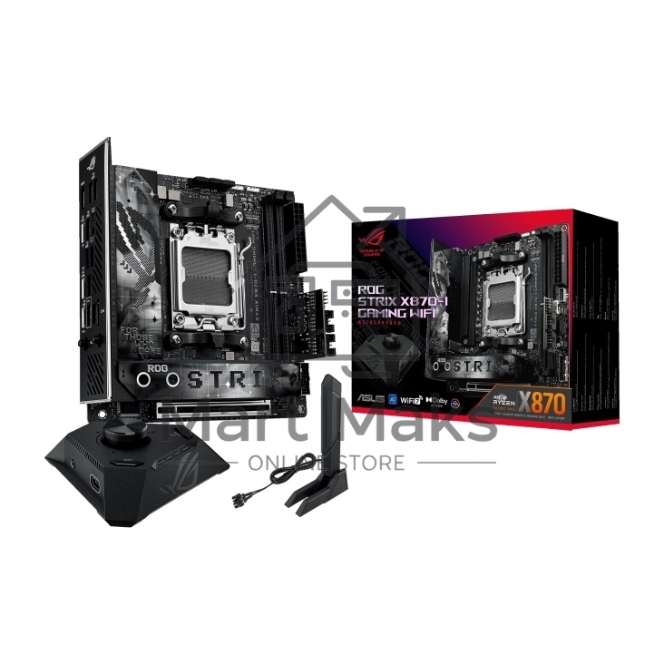 Материнская плата ASUS ROG STRIX X870-I GAMING WIFI, AM5, AMD X870, 2xDDR5, 2xSATA, 2xM.2, 1xPCI-E 5.0 x16, 1xHDMI, 2xUSB-C USB4, 1xUSB-C 10Gbps, 4xUSB-A 10Gbps, 1x 2.5Gb LAN, 2x3.5 мм, Mini-ITX