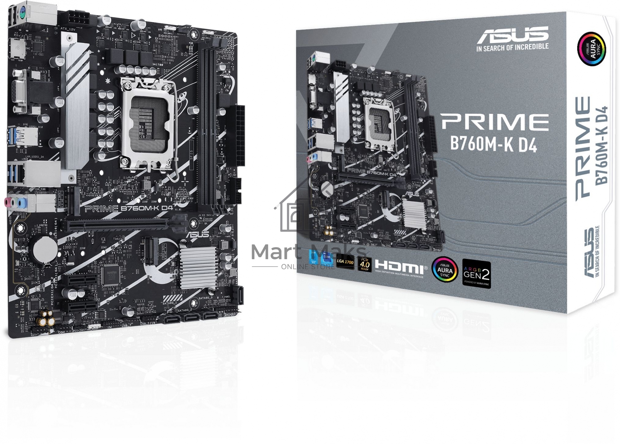 Материнская плата ASUS PRIME B760M-K D4, LGA 1700, Intel B760, 2xDDR4, 4xSATA, 2xM.2, 1xPCIe 4.0 x16, 2xPCIe x1, 1xHDMI, 1xVGA, 1x 2.5Gb LAN, 2xUSB-A 3.2 Gen 1, 2xUSB-A 2.0, 3x3.5 мм, 7.1, mATX