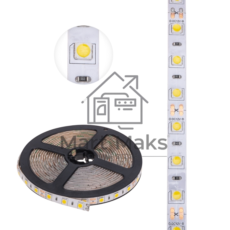 Лента LED 5 м 12 В 5050 2700 К IP65 60 LED/м для БП с клеммами LAMPER