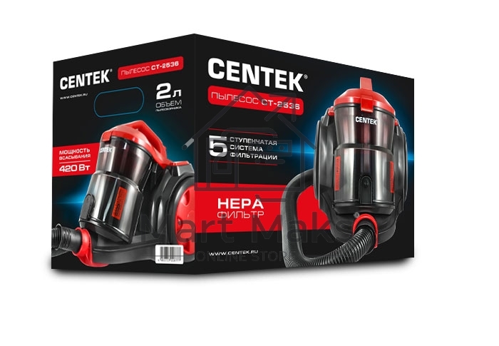 Пылесос Centek CT-2536 черный/красный, 420/2400 Вт, уборка сухая, пылесборник контейнер 2 л