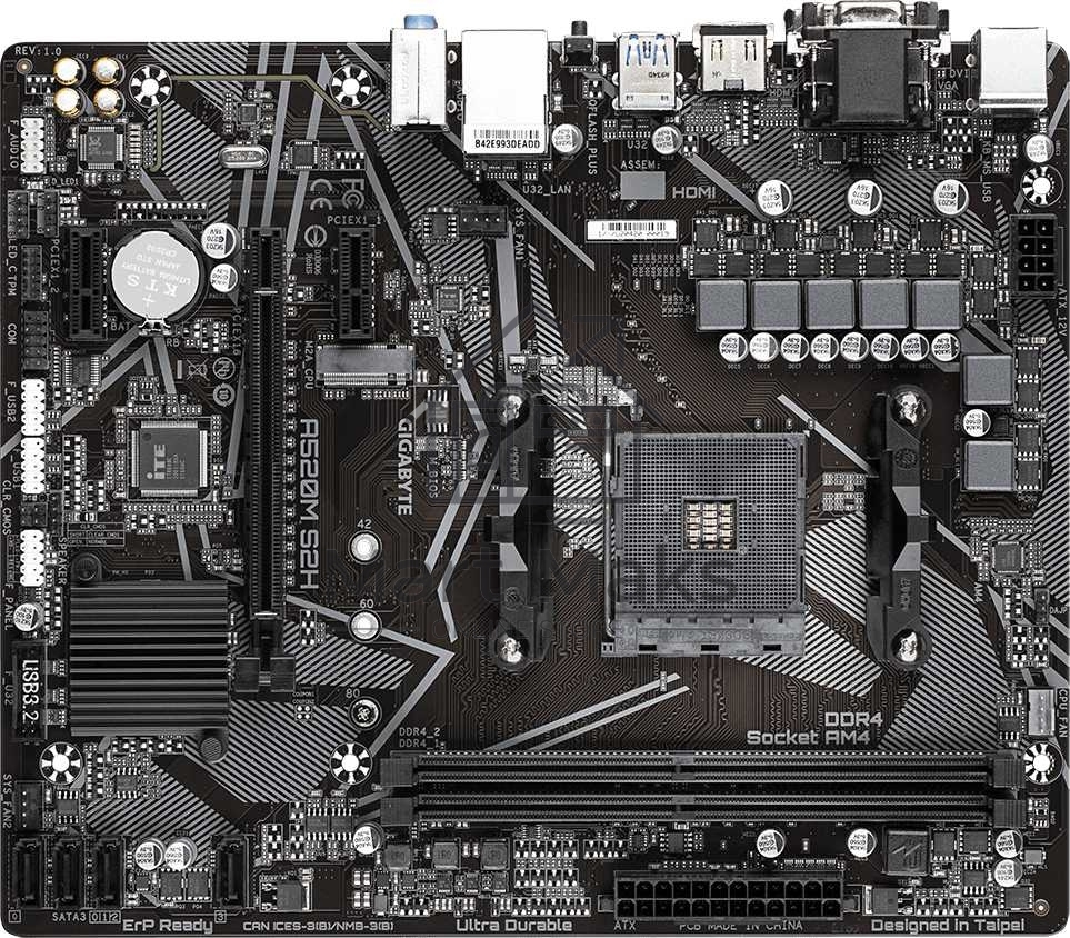 Материнская плата Gigabyte A520M S2H, AM4, AMD A520, 2xDDR4, 4xSATA, 1xM.2, 1xPCIe 3.0 x16, 2xPCIe x1, 1xHDMI, 1xDVI-D, 1xVGA, 1x 1Gb LAN, 4xUSB-A 3.2 Gen 1, 2xUSB-A 2.0, 3x3.5 мм, 7.1, mATX