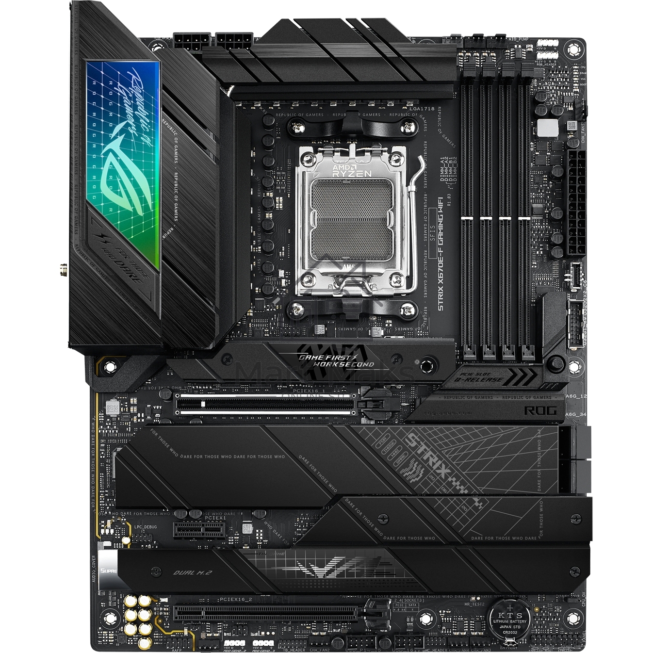 Материнская плата ASUS ROG STRIX X670E-F GAMING WIFI, AM5, AMD X670, 4xDDR5, 4xSATA, 4xM.2, 1xPCIe 5.0 x16, 1xPCIe 4.0 x4, 1xHDMI, 1xDP, 1x 2.5Gb LAN, 2xUSB-C 3.2 Gen 2, 2xUSB-C 3.2 Gen 2x2, 2xUSB-A 2.0, 7xUSB-A 3.2 Gen 2, 5x3.5 мм, 7.1, ATX
