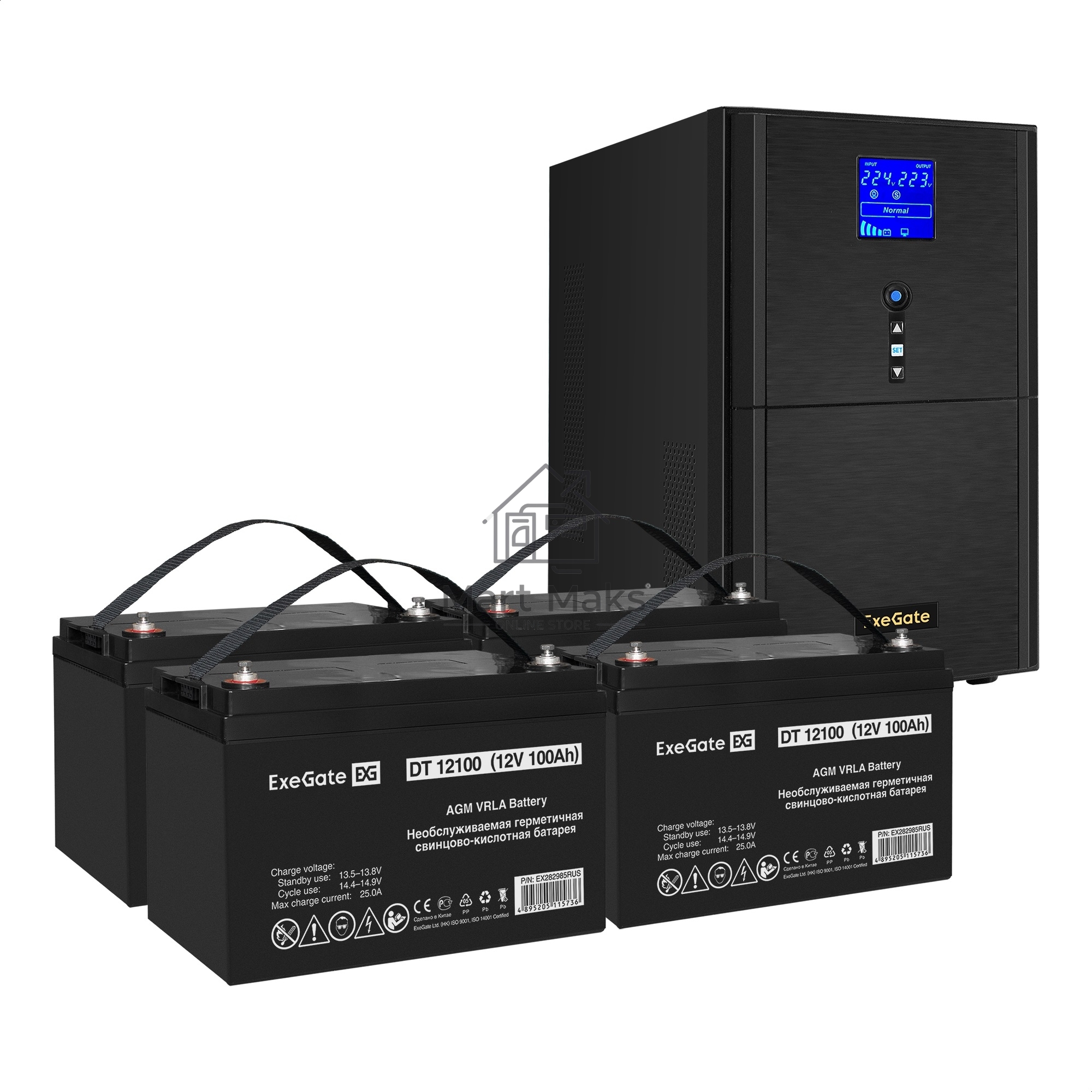 Комплект ИБП EX295990RUS + батарея 100Aч EX282985RUS 4шт (инвертор, синус, для котла) ExeGate SineTower SZ-3000.LCD.AVR.3SH.1C13.RJ.USB <3000VA/2400W, чистый синусоида, LCD дисплей, AVR, 3*Schuko+1*C13, RJ45/11, USB, линейно-интерактивный, Black> + батаре