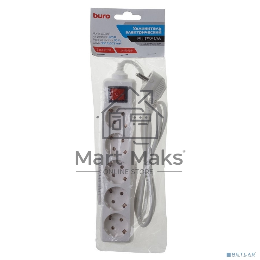 Сетевой удлинитель Buro BU-PS5.1/W 1.5м (5 розеток) белый (пакет ПЭ)
