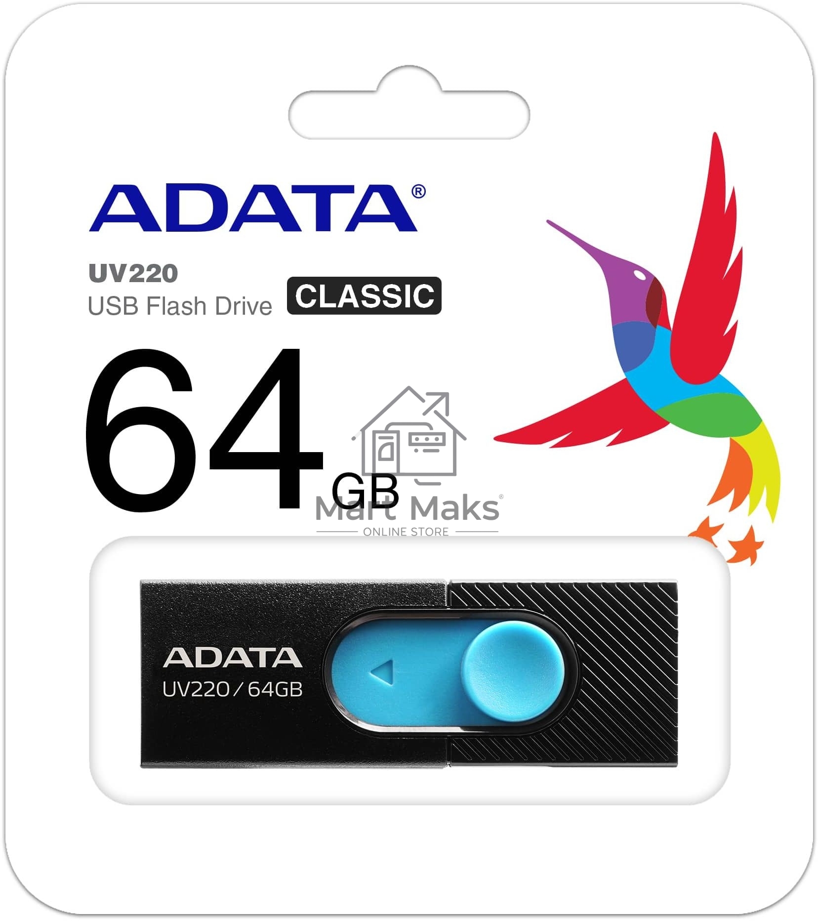 Флешка USB R/W ADATA R/W 64GB ADATA UV220, USB 2.0, черный/голубой