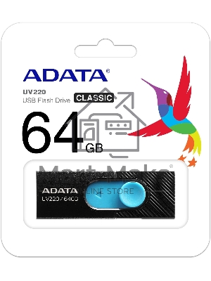 Флешка USB ADATA UV220 (AUV220-64G-RBKBL), 64Gb, USB 2.0, R/W 15/5, черный/голубой