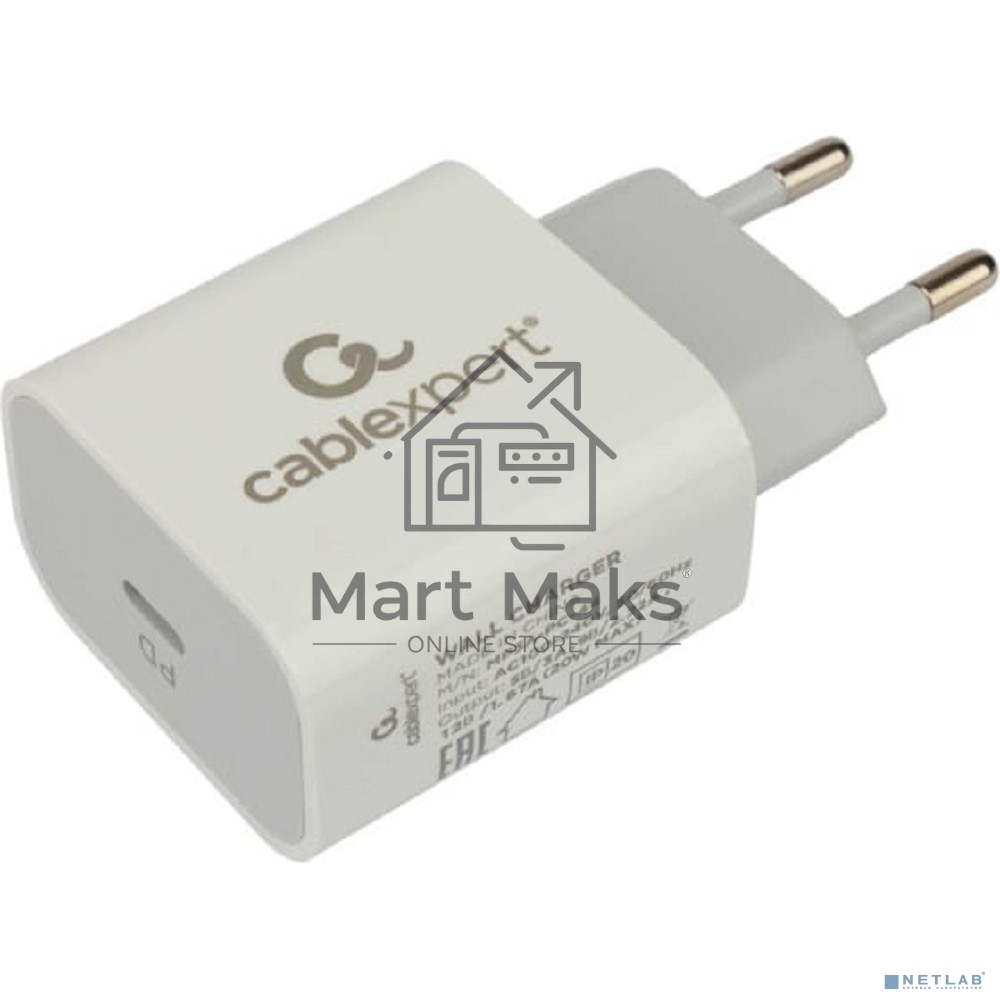 Зарядное устройство Cablexpert 20Вт, 3А, QC3.0/PD, 1xType-C, белый, пакет