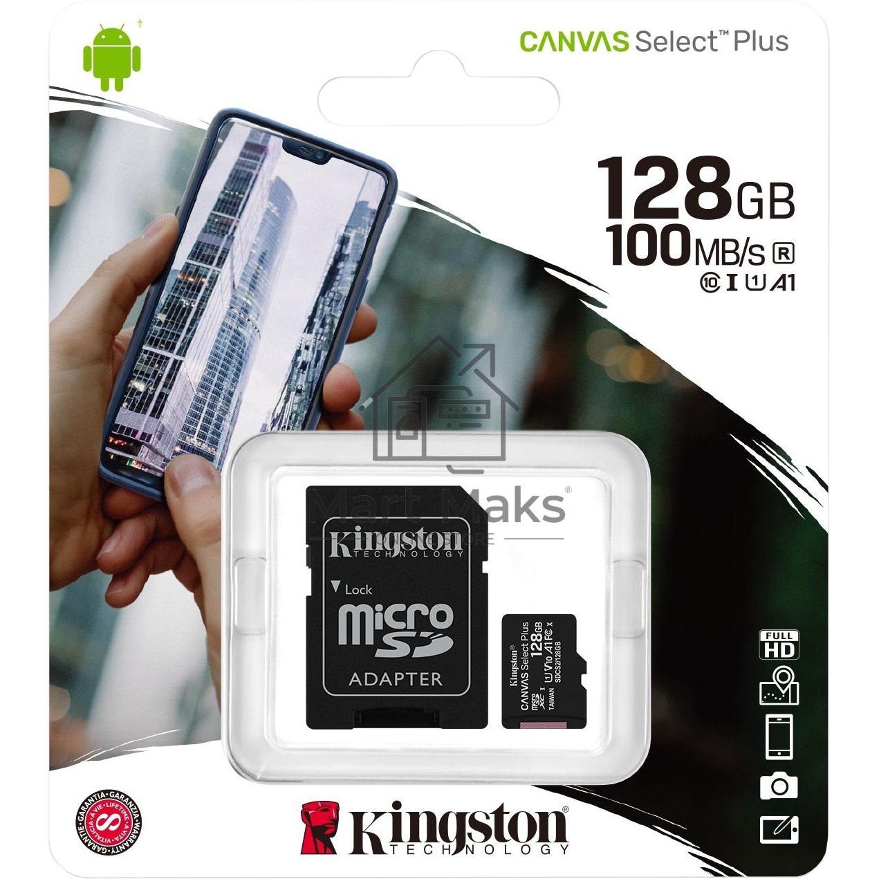 Флеш карта microSDHC 128GB microSDXC Kingston <SDCS2/128GB> Class10 UHS-I Canvas Select up to 100MB/s с адапт.