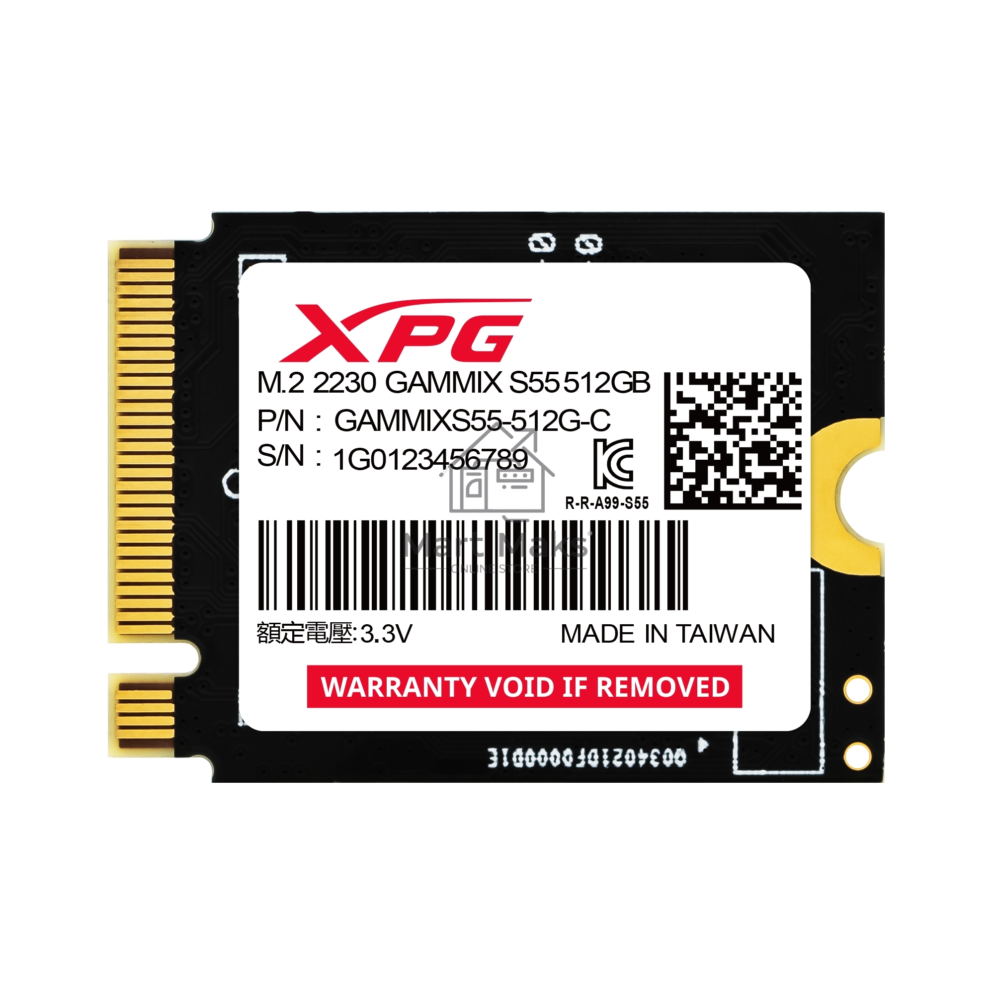 Накопитель SSD ADATA XPG GAMMIX S55, 2000 ГБ, PCIe 4.0 x4, M.2 2230, NVMe, R/W 5000/3200, без радиатора