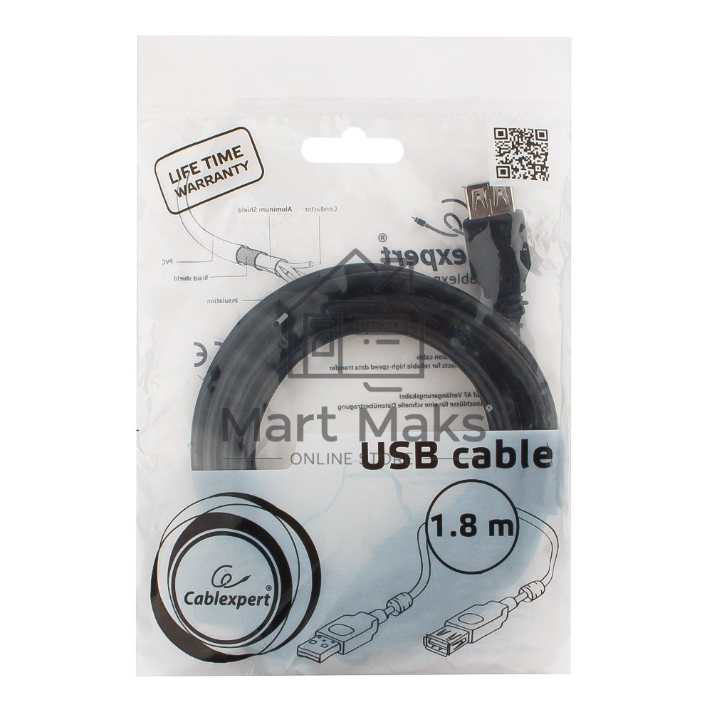 Кабель Cablexpert USB2.0 Pro CCF2-USB2-AMAF-6, AM/AF, 1.8м, экран, 2феррит.кольца, черный, пакет