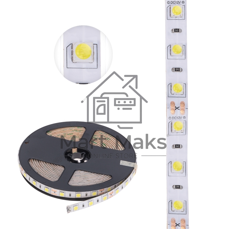 Лента LED 5 м 12 В 5050 6500 К IP65 60 LED/м для БП с клеммами LAMPER