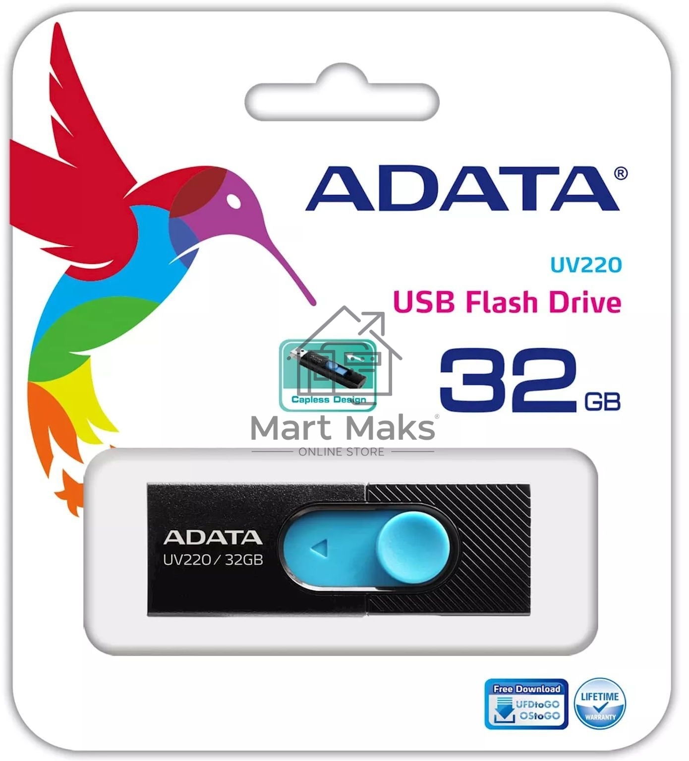 Флешка USB R/W ADATA R/W 32GB ADATA UV220, USB 2.0, черный/голубой