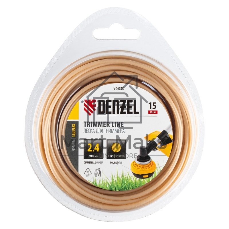 Леска для триммера Denzel армированная алюминием круглая, 2,4мм х 15м, блистер ALUFLEX