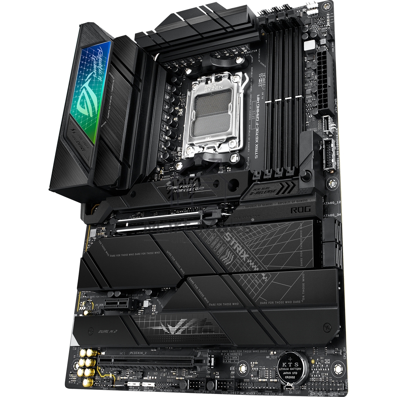 Материнская плата ASUS ROG STRIX X670E-F GAMING WIFI, AM5, AMD X670, 4xDDR5, 4xSATA, 4xM.2, 1xPCIe 5.0 x16, 1xPCIe 4.0 x4, 1xHDMI, 1xDP, 1x 2.5Gb LAN, 2xUSB-C 3.2 Gen 2, 2xUSB-C 3.2 Gen 2x2, 2xUSB-A 2.0, 7xUSB-A 3.2 Gen 2, 5x3.5 мм, 7.1, ATX